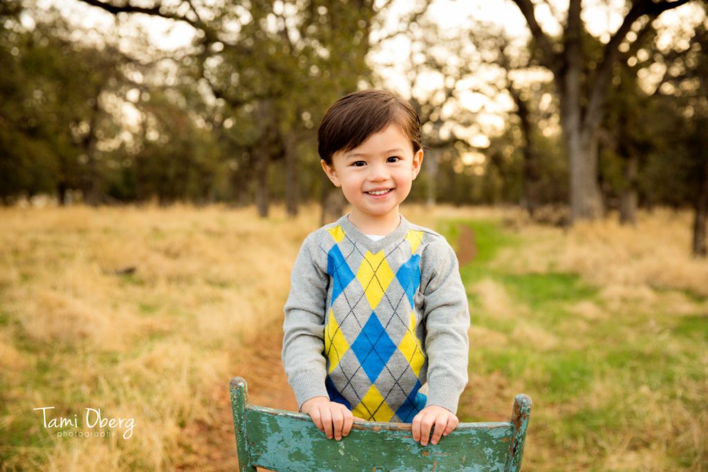 little boy on a green and teal antique chair